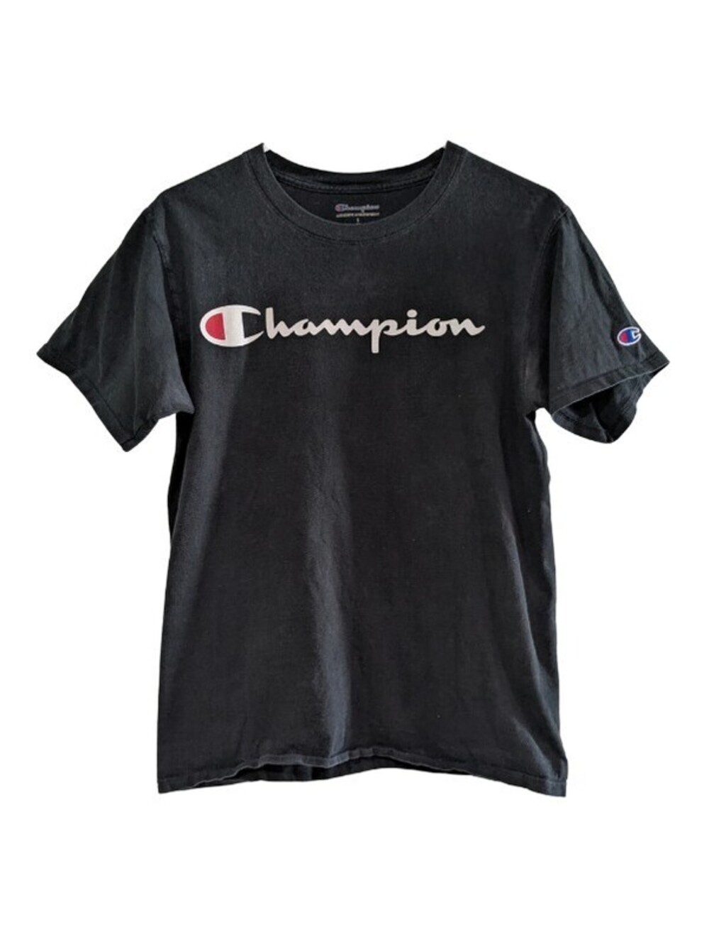 Champion Men's Classic Script Logo T-Shirt, Black, Size Small, Crew Neck